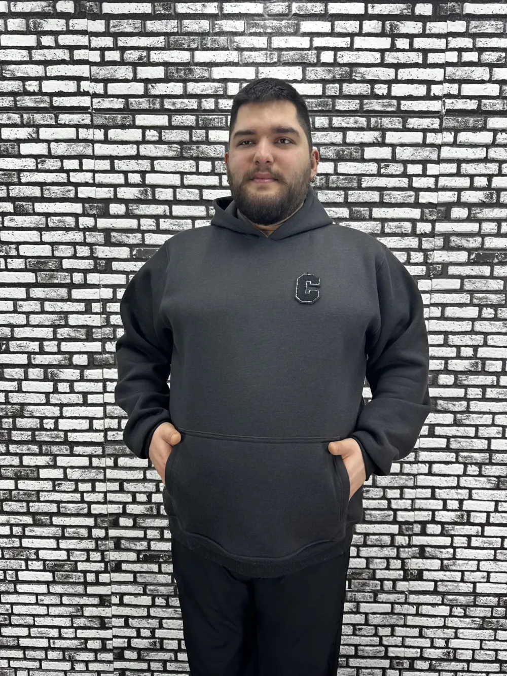 Büyük Beden Erkek 3 İplik Şardonlu Kapüşonlu Kanguru Cepli Dikiş Amblem Sweat 5 Renk