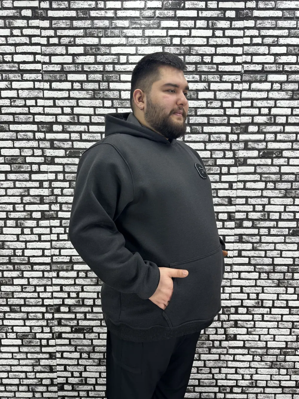 Büyük Beden Erkek 3 İplik Şardonlu Kapüşonlu Kanguru Cepli Dikiş Amblem Sweat 5 Renk
