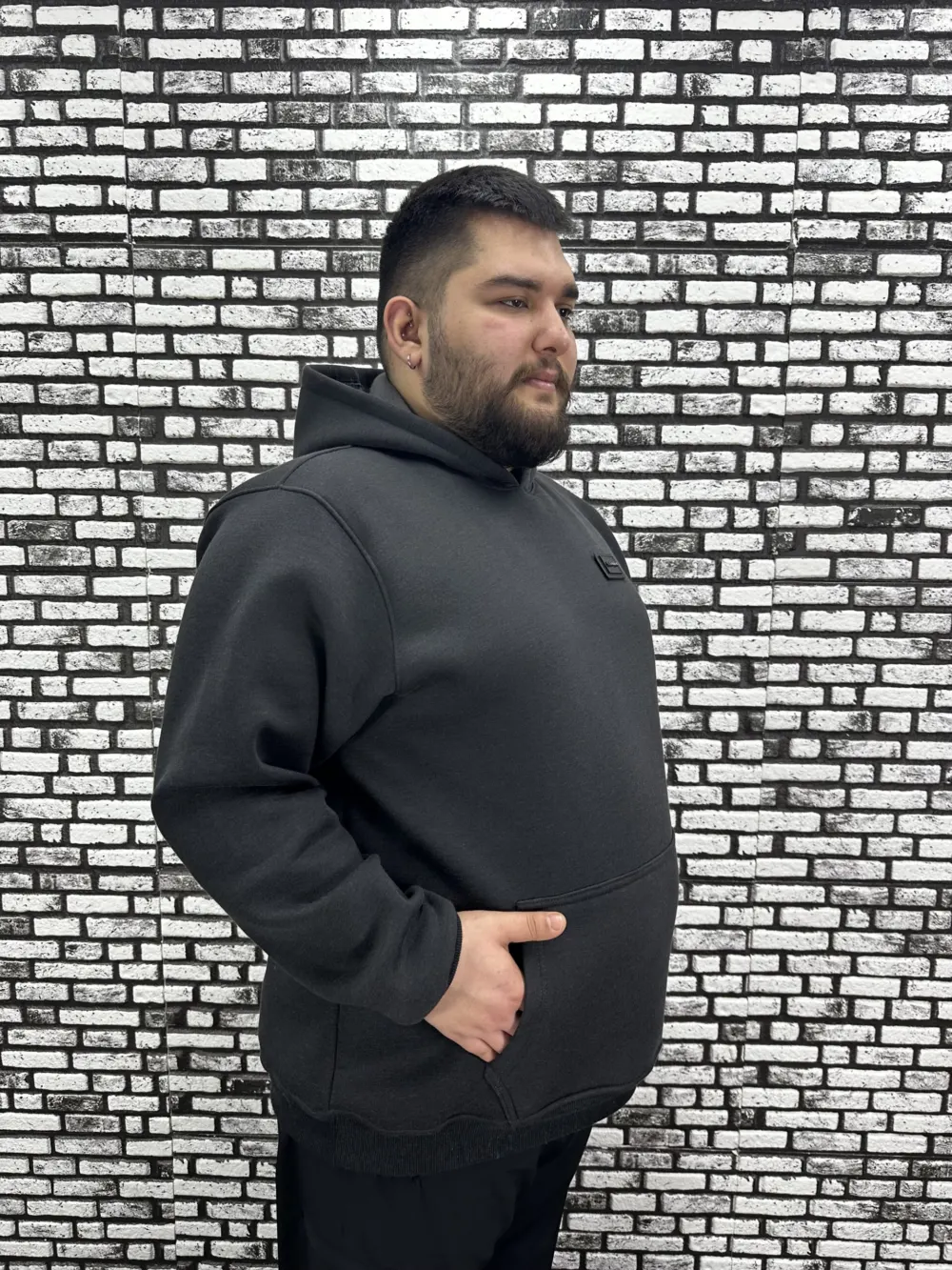 Büyük Beden Erkek 3 İplik Şardonlu Kapüşonlu Kanguru Cepli Dikiş Amblem Sweat 5 Renk