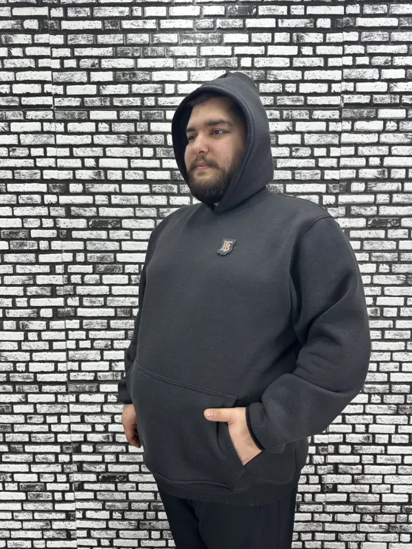 Büyük Beden Erkek 3 İplik Şardonlu Kapüşonlu Kanguru Cepli Dikiş Amblem Sweat 5 Renk