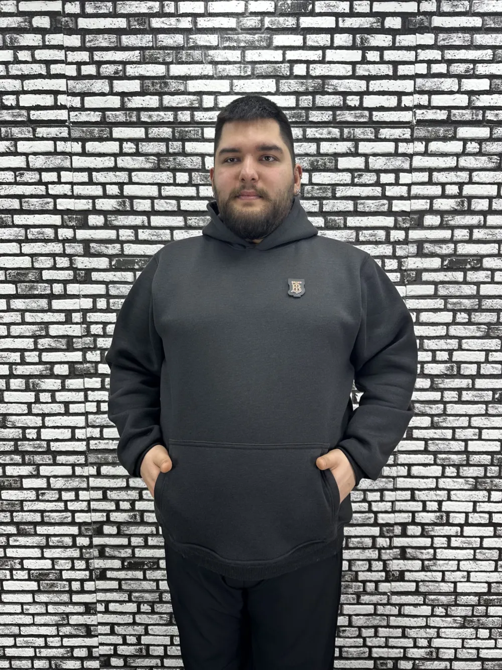 Büyük Beden Erkek 3 İplik Şardonlu Kapüşonlu Kanguru Cepli Dikiş Amblem Sweat 5 Renk