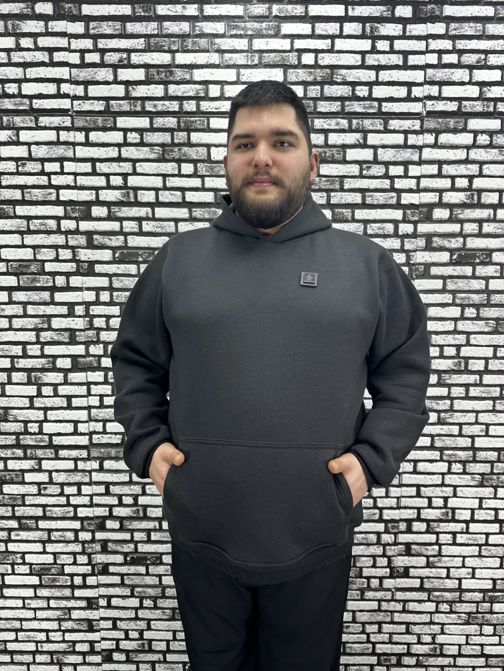 Büyük Beden Erkek 3 İplik Şardonlu Kapüşonlu Kanguru Cepli Dikiş Amblem Sweat 5 Renk