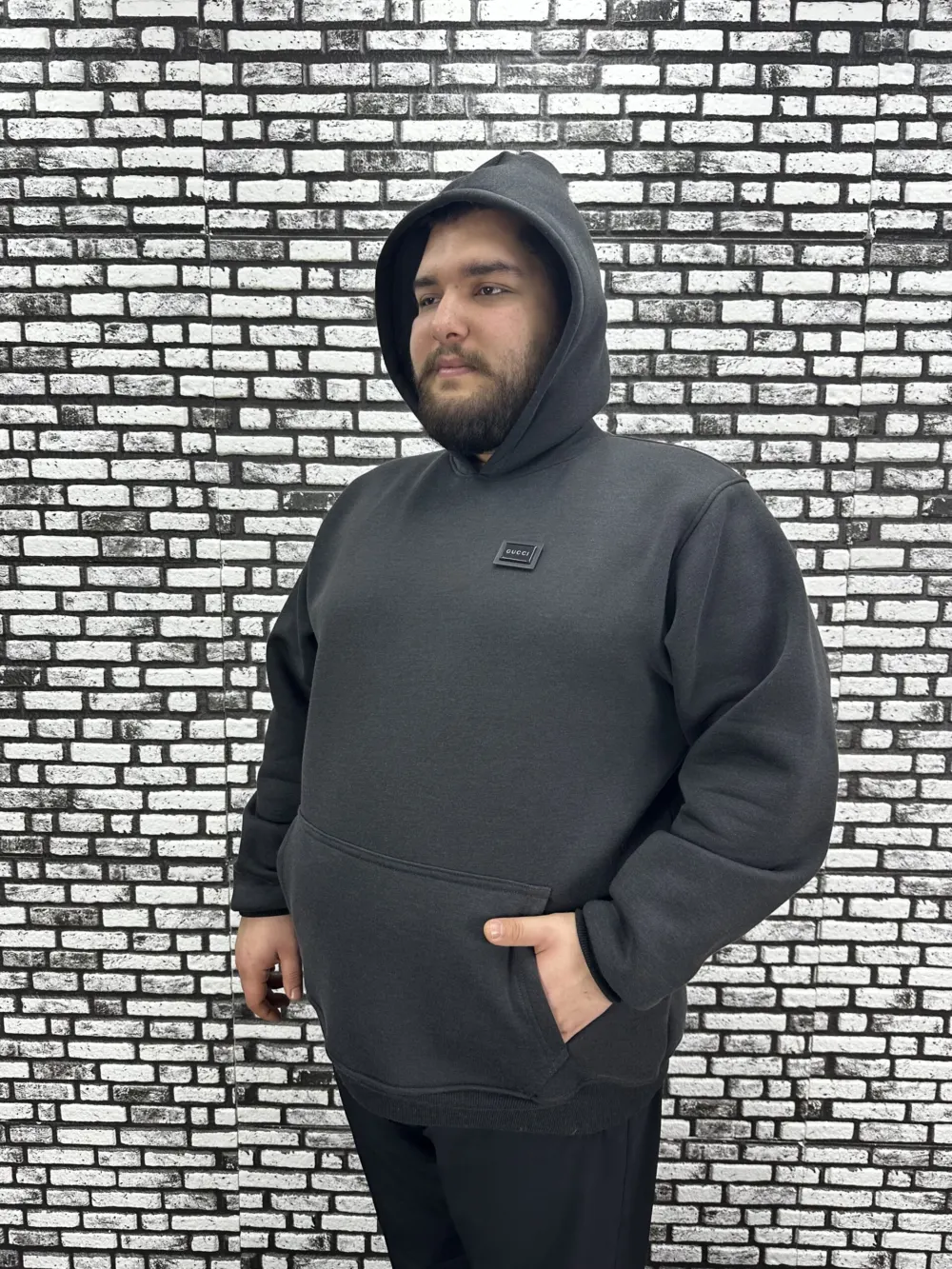 Büyük Beden Erkek 3 İplik Şardonlu Kapüşonlu Kanguru Cepli Dikiş Amblem Sweat 5 Renk