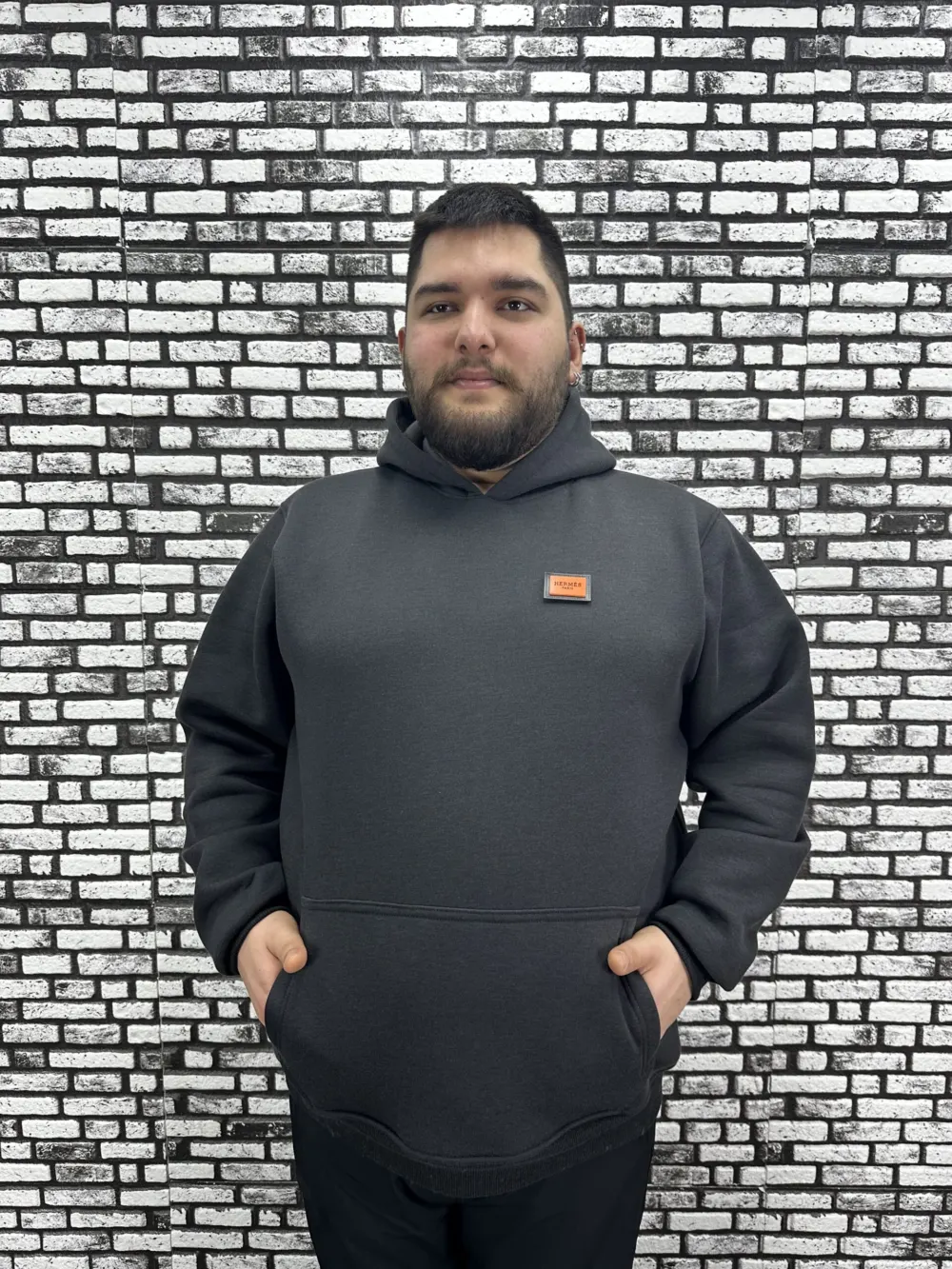 Büyük Beden Erkek 3 İplik Şardonlu Kapüşonlu Kanguru Cepli Dikiş Amblem Sweat 5 Renk