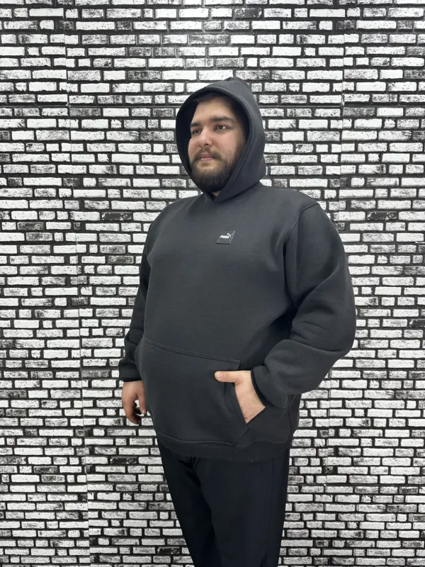 Büyük Beden Erkek 3 İplik Şardonlu Kapüşonlu Kanguru Cepli Dikiş Amblem Sweat 5 Renk