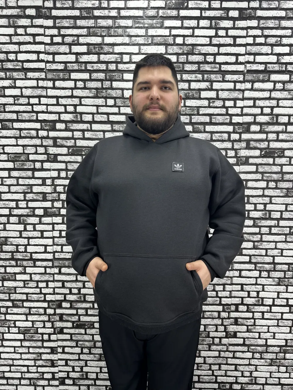 Büyük Beden Erkek 3 İplik Şardonlu Kapüşonlu Kanguru Cepli Dikiş Amblem Sweat 5 Renk