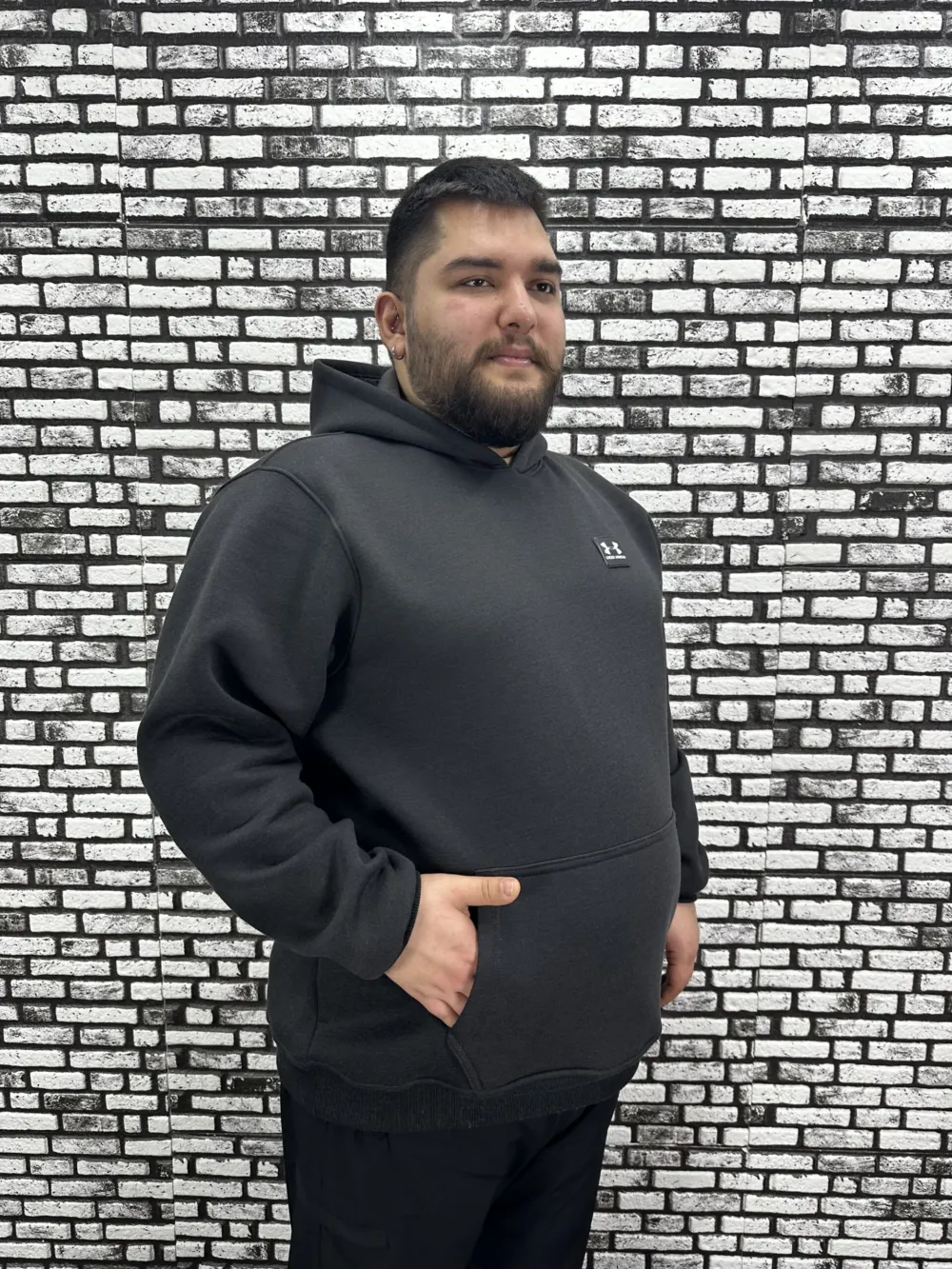 Büyük Beden Erkek 3 İplik Şardonlu Kapüşonlu Kanguru Cepli Dikiş Amblem Sweat 5 Renk