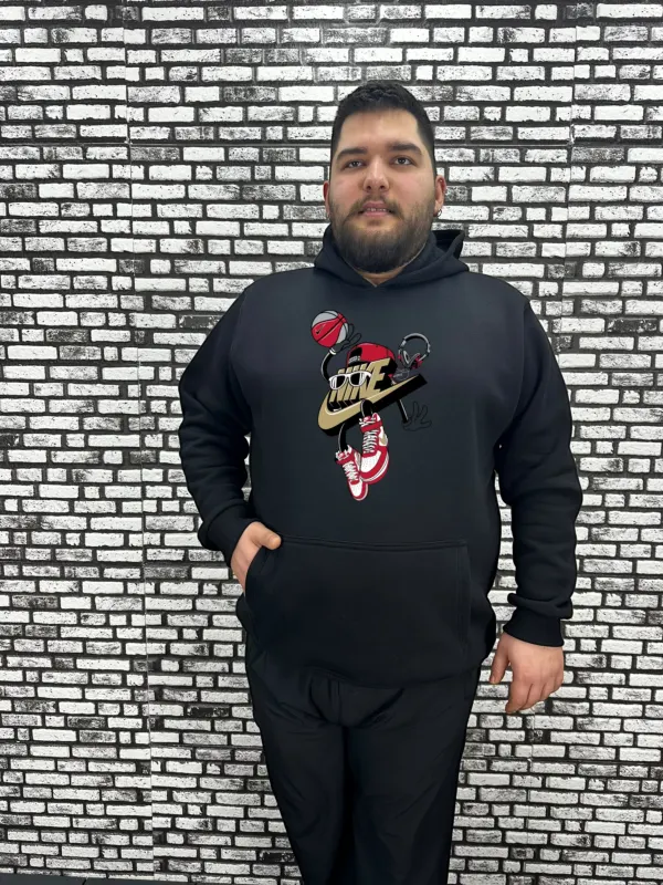 Büyük Beden Erkek 3 İplik Şardonlu Kapüşonlu Kanguru Cepli Baskı Sweat 5 Renk
