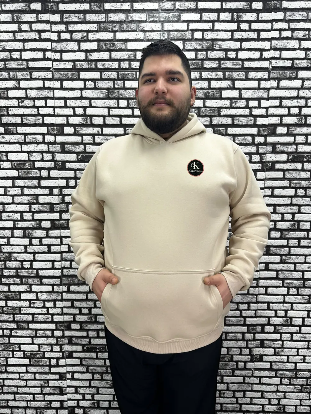 Büyük Beden Erkek 3 İplik Şardonlu Kapüşonlu Kanguru Cepli Baskı Sweat 5 Renk