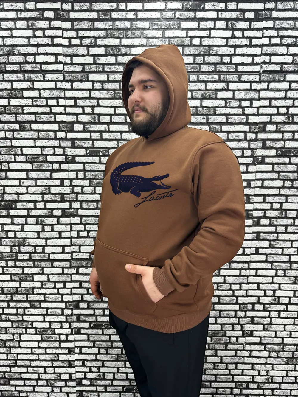 Büyük Beden Erkek 3 İplik Şardonlu Kapüşonlu Kanguru Cepli Baskı Sweat 5 Renk