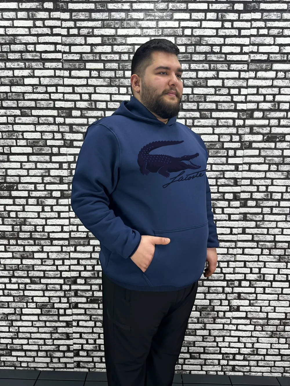 Büyük Beden Erkek 3 İplik Şardonlu Kapüşonlu Kanguru Cepli Baskı Sweat 5 Renk