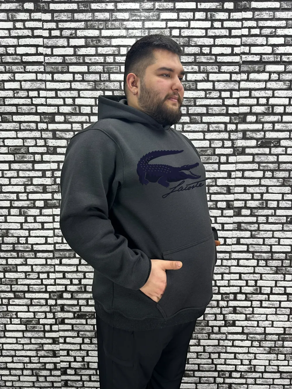 Büyük Beden Erkek 3 İplik Şardonlu Kapüşonlu Kanguru Cepli Baskı Sweat 5 Renk