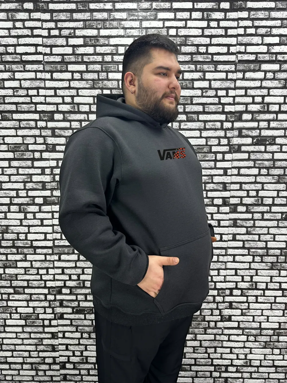 Büyük Beden Erkek 3 İplik Şardonlu Kapüşonlu Kanguru Cepli Baskı Sweat 5 Renk