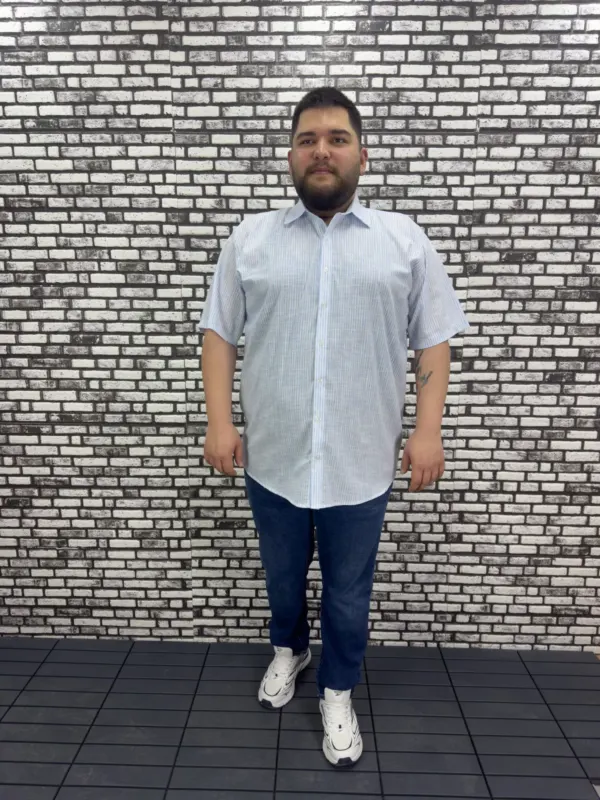 Büyük Beden Yeni Sezon Mavi Çizgili Keten Kısa Kol Gömlek