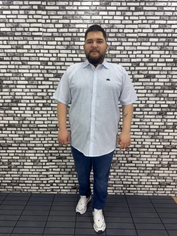 Büyük Beden Yeni Sezon Mavi Çizgili Keten Kısa Kol Gömlek