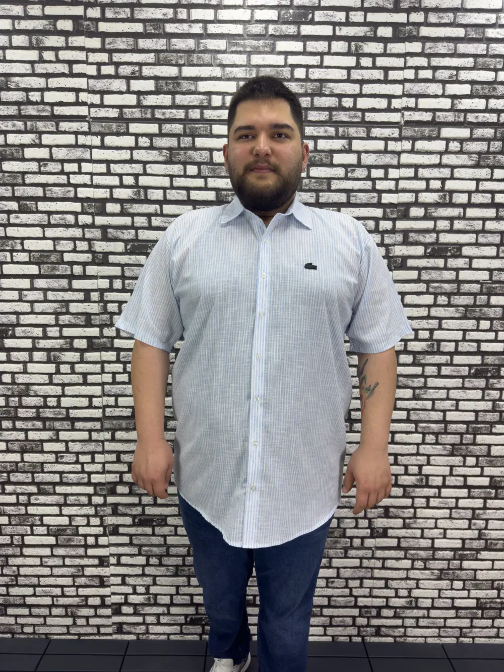 Büyük Beden Yeni Sezon Mavi Çizgili Keten Kısa Kol Gömlek