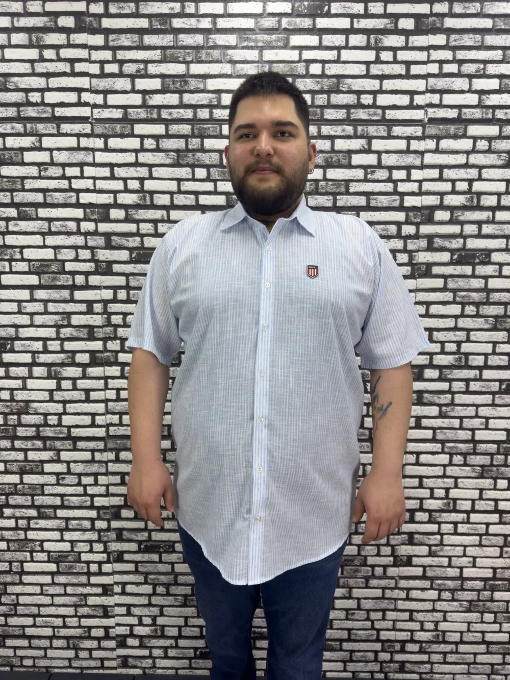 Büyük Beden Yeni Sezon Mavi Çizgili Keten Kısa Kol Gömlek