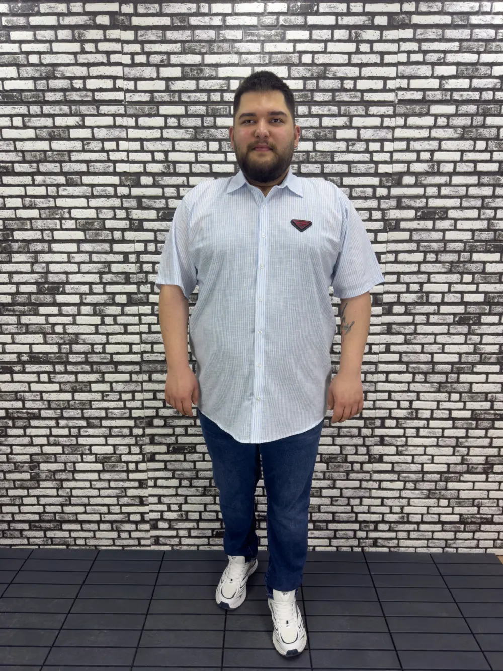 Büyük Beden Yeni Sezon Mavi Çizgili Keten Kısa Kol Gömlek
