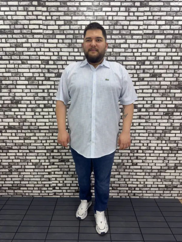 Büyük Beden Yeni Sezon Mavi Çizgili Keten Kısa Kol Gömlek