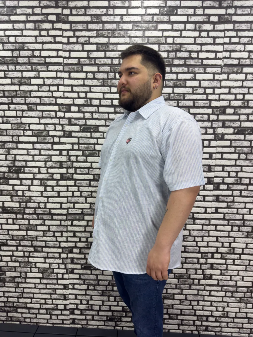Büyük Beden Yeni Sezon Mavi Çizgili Keten Kısa Kol Gömlek