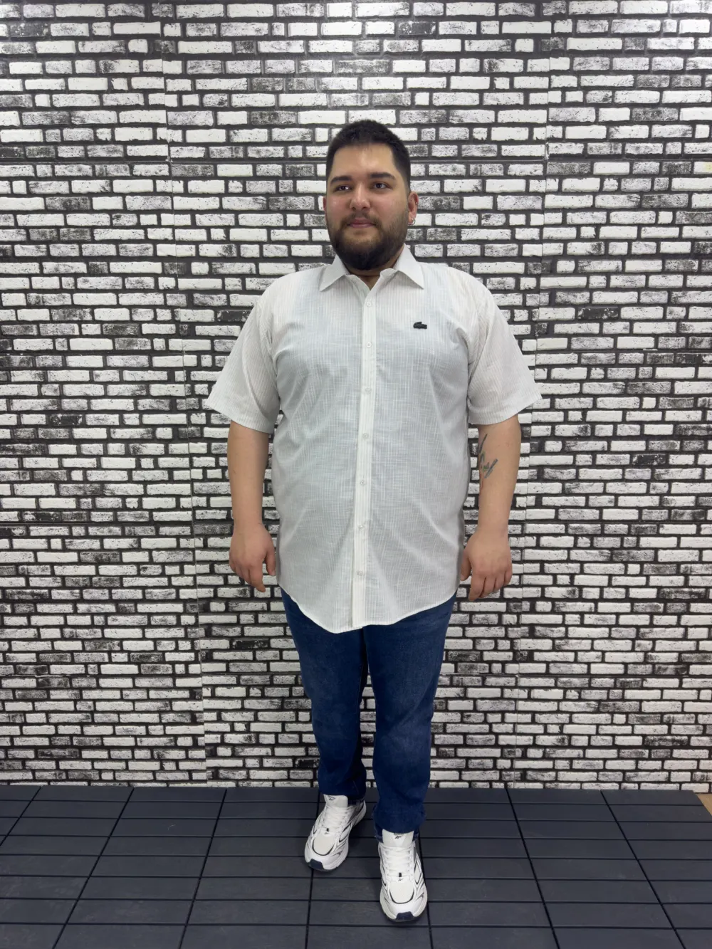 Büyük Beden Yeni Sezon Gri  Çizgili Keten Kısa Kol Gömlek