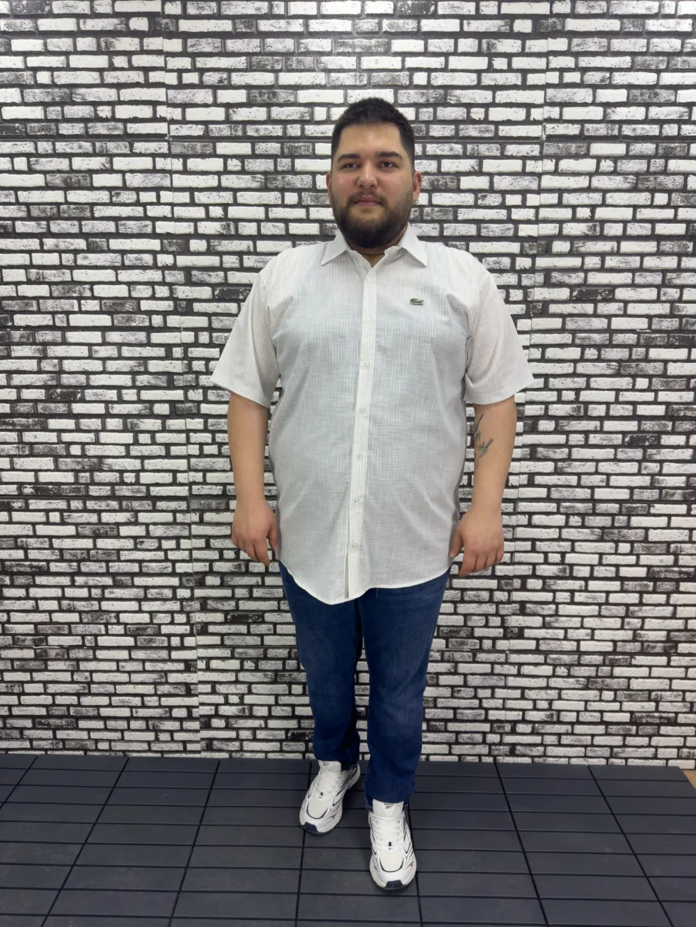 Büyük Beden Yeni Sezon Gri Çizgili Keten Kısa Kol Gömlek